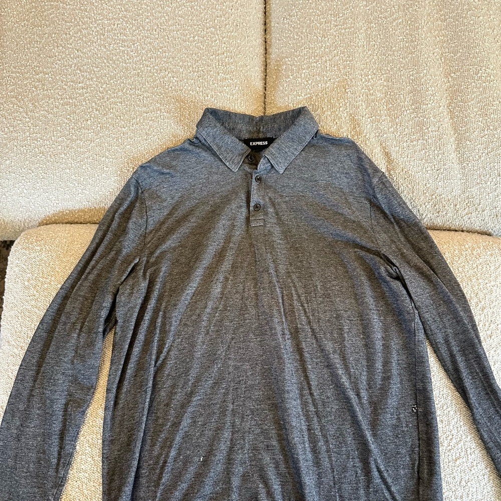 Express Gray Long-Sleeve Polo Shirt Classic Knit